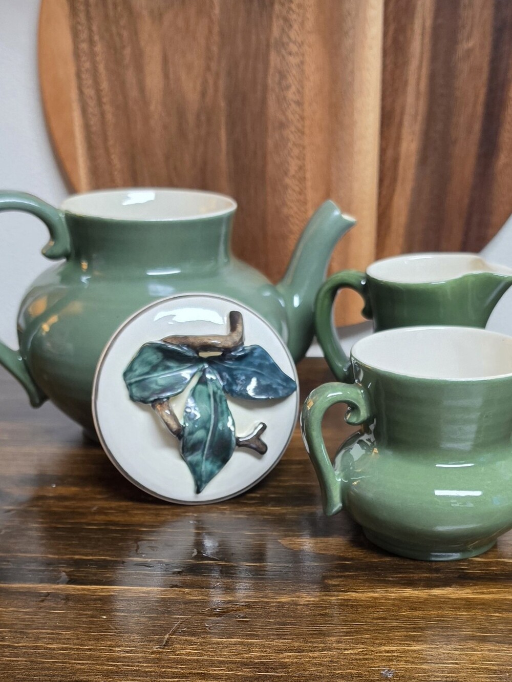 Vintage Green Ceramic Teapot and Creamer Set